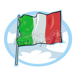 The clipart image shows the Italian flag, with its characteristic vertical stripes in green, white, and red. The flag is depicted waving, possibly symbolizing pride or patriotism. The background features a stylized blue circle with white clouds, suggesting that the flag is set against a clear sky.