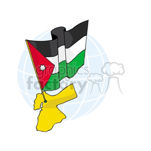 The clipart image features a globe backdrop with two crossed flags projected in the foreground. One flag is the Jordanian flag, identified by its black, white, green horizontal stripes with a red triangle bearing a white seven-pointed star. The second flag appears to have black, white, and green vertical stripes, but the specific country it represents is not clear as several countries may have similar flag colors. A yellow shape resembling a simplified country or region outline sits below the crossed flags.
