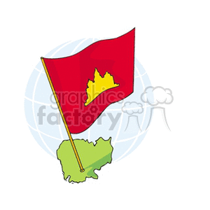The clipart image features a red flag with a yellow outline of a temple on it, representing the national flag of Cambodia, placed on a stylized globe background with the map of Cambodia. 
