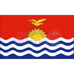 This image is a representation of the flag of Kiribati. The flag features a red upper half with a gold frigate bird flying over a gold rising sun, and the lower half is comprised of three wavy blue and white stripes representing the ocean.