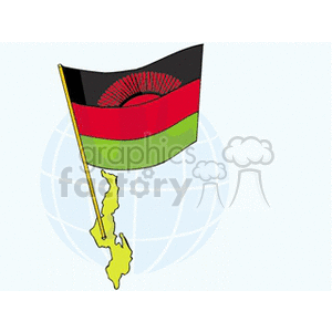 The clipart image depicts the flag of Malawi on a flagpole, positioned over a simplified illustration of a globe, focusing on the continent of Africa with a highlighted outline of Malawi. The flag consists of three horizontal stripes of black, red, and green, with a red rising sun on the black stripe at the top.
