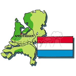 The image is a clipart featuring a stylized map of the Netherlands in green with a red dot indicating the capital city, Amsterdam. Next to the map, there is a flag of the Netherlands, which has three horizontal stripes: red at the top, white in the middle, and blue at the bottom.