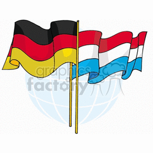 The image shows two flags against the background of a stylized globe. The flag on the left has horizontal stripes of black, red, and gold, which is the national flag of Germany. The flag on the right features horizontal stripes of red, white, and blue, which is the national flag of the Netherlands.