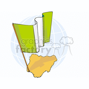 The clipart image shows two Nigerian flags with a vertical tri-color pattern of green, white, green, which are the national colors of Nigeria. The flags are displayed in front of an illustration of a globe. Below the flags, there's a stylized outline of the map of Nigeria, depicted in a golden-brown color.