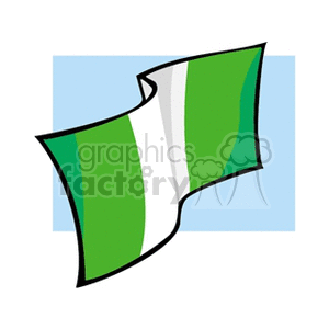 The image shows a stylized representation of the Nigerian flag, with its characteristic vertical green-white-green stripes. The flag appears to be waving and is set against a light blue background.