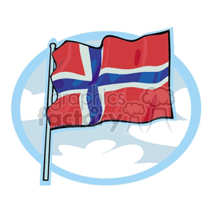 This clipart image features the flag of Norway, with its distinct red background and blue cross outlined in white. The flag is on a flagpole and appears to be waving, with a stylized representation of clouds and sky in the background.