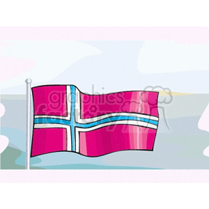 The image is a stylized illustration of the flag of Norway. The flag is depicted with its distinctive red background, blue cross with white borders, and appears to be fluttering on a flagpole.