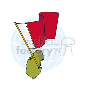 The clipart image features the flag of Qatar, with its distinctive maroon color and white serrated band, mounted on a flagpole. The background suggests a stylized representation of the globe, and below the flagpole, there appears to be an outline of a landmass, likely symbolizing the country of Qatar itself. 