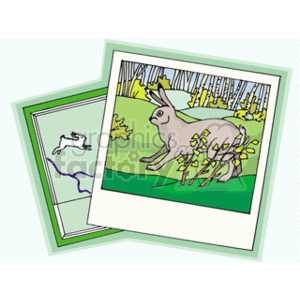 The clipart image features two overlapping pictures. The prominent one in the foreground depicts a rabbit in a green field with some trees or a forest in the background. The rabbit is sitting up, and its ears are perked up as if it's alert. In front of the rabbit is a bush or some shrubbery. The less visible picture in the background appears to be a map; however, its details are obscured by the front image so it's not possible to identify the specifics of the map.