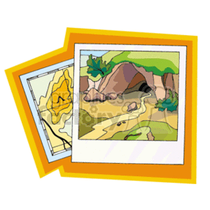 This image shows two overlapping polaroid-style illustrations. The top polaroid depicts a colorful drawing of a cave entrance with greenery around it, possibly indicating a scene from a vacation or an exploration trip. The bottom polaroid seems to illustrate a topographic map, hinting at an outdoor adventure theme.