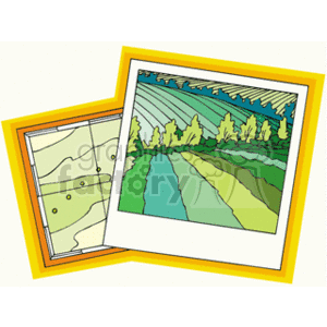 The image displays two overlapping stylized frames, one containing a map and the other depicting a vivid, cartoon-like drawing of a forest scene. In the forest scene, there are rows of green trees, and a field that is seemly separated by pathways or small rivers. In the background, there's an impression of mountainous or hilly terrain under a blue sky with stylized lines that suggest fast-moving clouds.