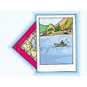 The image depicts two overlapping images that are reminiscent of a map and a scene of outdoor recreation. The one on the left resembles a map with a pink border featuring outlines suggestive of a geographic layout with different regions or countries. The right image, with a white border, shows a serene water scene with a single person rowing a small boat on a blue lake, greenery in the background, and a yellow landform.