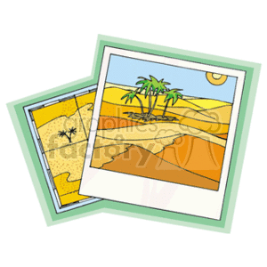 The clipart image features two overlapping Polaroid-style illustrations. One illustration appears to be a map with symbols and markings consistent with standard cartographic representations, such as a star symbol possibly indicating a place of interest. The other shows a colorful depiction of a desert scene with sand dunes, a small oasis with palm trees, and a sun in the sky, evoking a tropical or arid environment.