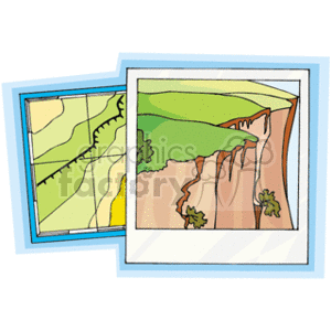 The clipart image features two overlapping maps, one in the background with yellow and green areas that could represent different elevations or land types and a network of lines that could be roads or boundaries. The foreground map depicts a colorful illustration of a cliff edge or ravine, with various shades of green at the top and a brownish, steep cliff face. There are a few trees or bushes illustrated on both the top of the cliff and on ledges below.