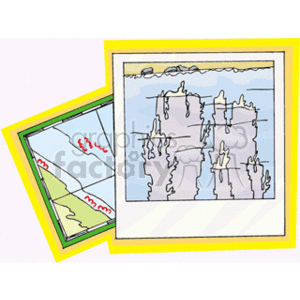 The clipart image displays stylized maps, with the main focus being a marine map showing what appears to be waterways, land masses, and red patterns that could represent coral reefs or underwater features. The maps are bordered by bright, multi-colored frames. In the background, part of another map shows green areas that may indicate land.
