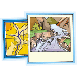 The image shows two different styles of illustrated maps. On the left, there is a simplified, abstract map with yellow areas likely representing land and blue lines representing rivers. On the right, there is a more detailed and naturalistic illustration of a river flowing through a landscape with rocky banks, a single tree, and terrain indicated by various shades of brown and green.