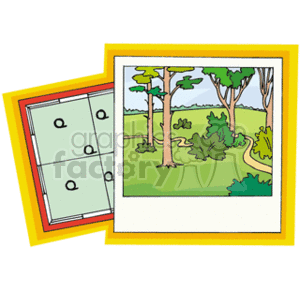 This clipart image features an illustration of a forest scene with several trees, underbrush, and a path winding through the greenery. To the left of the forest scene is an image of what appears to be a map, folded and featuring location markers or icons possibly indicating areas of interest within the forest. The map is bordered by a frame with multiple layers of different colors.
