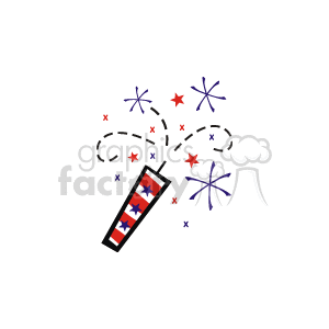 The clipart image showcases fireworks in action with a prominent firework rocket decorated in a red, white, and blue motif featuring stars, symbolizing American patriotism. There are colorful bursts and sparkles spread out against a dark background, common imagery associated with 4th of July or Independence Day celebrations in the USA.