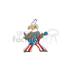 The clipart image depicts an anthropomorphic eagle with American-themed colors and patterns. The eagle is shown wearing pants that are reminiscent of the American flag, with red and white stripes along with a star-spangled belt. It also features the eagle holding a blue guitar adorned with white stars, suggesting a theme of music or a musician. The eagle's overall stance and attire give off a playful, patriotic vibe associated with American culture imagery, likely designed to celebrate an event like Labor Day or the Fourth of July where national pride is a central theme.