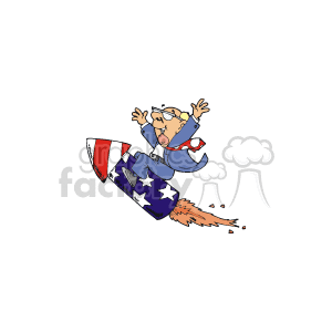 The clipart image features a cartoon of a man in a suit riding a stylized rocket decorated with an American flag design, symbolizing patriotism and celebration related to the Fourth of July, which is Independence Day in the United States. The rocket is in motion, indicated by the trail of sparks behind it, reminiscent of fireworks often associated with the holiday.