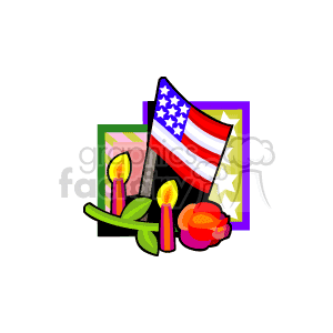 The clipart image features the following elements:
- An American flag, representing patriotism and national pride.
- Two candles with lit flames, which could symbolize remembrance or commemoration.
- A flower, possibly a rose, adding a decorative and possibly memorial element to the composition.