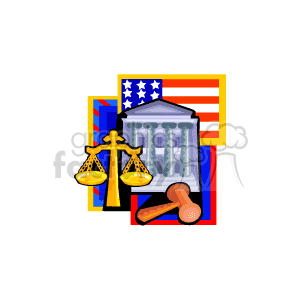 The clipart image includes several symbols of American justice and patriotism. It features a neoclassical building resembling the US Capitol or a courthouse, a pair of golden scales representing the balance of justice, a wooden gavel used by judges, and the American flag with its characteristic stars and stripes.