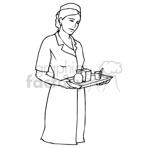 The image is a black and white line drawing of a nurse. She is wearing a nurse's uniform, complete with a cap, and is holding a tray with what appears to be medical supplies, including bandages and medicine containers.