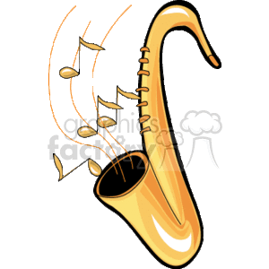 The clipart image depicts a stylized golden saxophone with music notes flowing from the bell of the instrument, suggesting the playing of music.