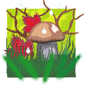 The image is a clipart illustration featuring a brown mushroom with water droplets on its cap, surrounded by green vegetation, red plants that resemble fire, and a few branches with leaves in the background.