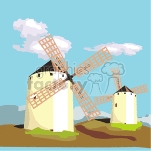 The clipart image features two traditional windmills with spinning blades, set against a backdrop of a blue sky with a few white clouds. It's a sunny day, and the windmills are depicted on a rolling landscape with patches of green, indicating grass or crops at their base.