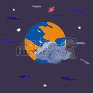 This clipart image features a stylized representation of planet Earth in space with a large asteroid or meteor near it. Surrounding them are smaller stars and possibly other smaller meteors or asteroids, with a background suggesting the darkness of outer space.