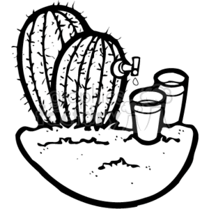 The clipart image features a stylized depiction of a large cactus with a spigot inserted into it, from which drops of water are falling into one of two glasses positioned below on the sandy ground, representing cactus juice. The image conveys a rustic, desert-themed idea of quenching thirst in a natural setting, which aligns with the suggested keywords.