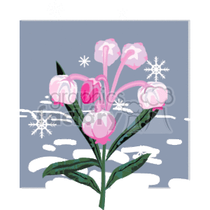 The clipart image depicts a bunch of pink and white flowers with green leaves, set against a gray background suggestive of a winter sky. There are snowflakes falling around the flowers, indicating that it's snowing. The image conveys a sense of the natural beauty of flowers amidst a snowy environment.