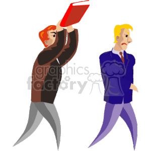 The clipart image depicts two stylized animated figures in a confrontational scene. The man on the left is raising a red book above his head as if to throw it or hit the other man, expressing anger or frustration. The man on the right, dressed in a blue suit, stands with a defiant or unimpressed expression, hands in pockets, seemingly indifferent to the aggression.