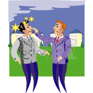 This clipart image portrays two animated characters that appear to be engaged in a physical altercation. One character has his hand on the other's cheek, and stars around the impacted character's head suggest that he has just been slapped or hit. Both characters are wearing suits, indicating a formal or professional setting, and they have angry expressions on their faces. The background features a darkening sky and a building that resembles a house or institution.