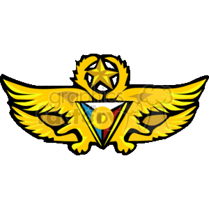 This clipart image depicts a stylized pilot's badge or wing insignia. It features a central shield with a triangle and a smaller circular element inside, flanked by a pair of spread eagle wings. Atop the shield is a star emblem, which could imply a rank or a specialized unit.