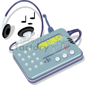 The clipart image depicts a portable music device, possibly an MP3 player or a small pocket radio, with a pair of headphones attached. The music device has a screen showing FM 100.5 which implies it is tuned to a radio station, several control buttons, and a volume dial. It appears to be a personal electronic device designed for listening to music.