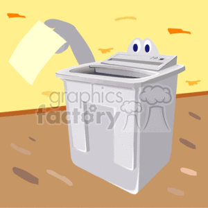 The image depicts a cartoon-style paper shredder with anthropomorphic features – it has a pair of eyes on the top, suggesting a character-like appearance. The shredder is actively shredding a document, evidenced by a piece of paper flying into its feed slot and shredded pieces coming out from the other end. The scene suggests themes of document security and the destruction of sensitive files.