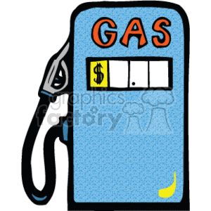 The clipart image depicts a vintage-style gas pump with a country look. It features a simple, retro design with the word GAS prominently displayed at the top. The fuel nozzle and hose appear on the right side, indicating the pump's function. A price display area is present with a dollar sign, followed by blank spaces where the price per gallon would typically be shown. There is a small banana sticker on the lower right, which seems to be an out-of-place or whimsical addition, as it is not typically associated with gas pumps.