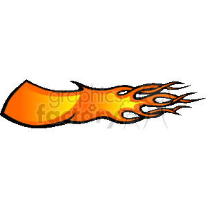 This clipart image depicts a stylized flame design consisting of orange and yellow colors, with smooth and sharp curves that give the impression of a dynamic, flickering fire. The flame has various points and trails off to the right side, simulating the motion of a real flame.
