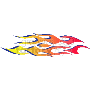 This is an image of a stylized, colorful flame design on a black background. The flames have a flowing and dynamic look and are colored in shades of blue, yellow, and red with contour lines suggesting a three-dimensional form.