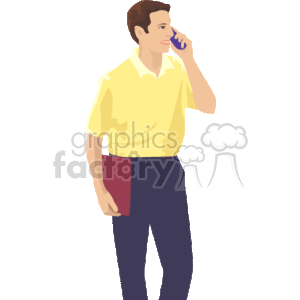 The image shows a man in a casual yellow shirt and dark trousers, holding a red book or folder under his arm. He appears to be engaged in a conversation on a mobile phone that he is holding to his ear with his right hand. The man seems to be attentive and possibly smiling during the phone call.