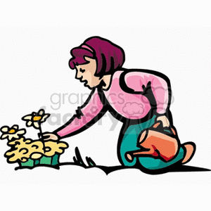 Girl with watering can picking flowers
