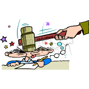 The image appears to be a colorful, whimsical clipart illustration depicting a comically exaggerated scene related to law or judgement. It features a caricatured person with a gavel or hammer being smashed down towards their head, while they look quite strained and shocked, holding a pen and paper, possibly writing a document. The hammer or gavel is held by a hand that appears to be forcefully bringing it down. There are stars and squiggly lines around the person's head, suggesting impact or disorientation, often used in cartoons to indicate surprise or being hit. Despite the violent implication, the style of the art indicates it's meant to be humorous or satirical rather than realistic.