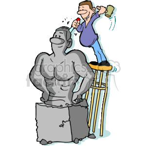 This clipart image depicts a male sculptor working on a stone sculpture using a chisel and hammer. The sculpture is of a human torso and the artist is standing on a tall stool to reach the upper part of the sculpture. He is actively chiseling away, as indicated by the action lines and small debris flying off where he strikes. The artist appears to be smiling and focused on his work.