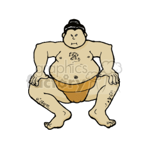 The clipart image depicts a sumo wrestler in a typical sumo stance. The wrestler is illustrated with a hefty build, wearing the traditional sumo belt (mawashi) and is in a crouched position. The wrestler's hair appears to be styled in a traditional sumo topknot, and he has a serious expression on his face.