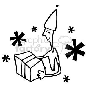 The clipart image depicts a person wearing a party hat and holding a gift box. There are decorative elements that resemble starbursts or fireworks around them, which might represent a festive or celebratory atmosphere typically associated with birthdays.