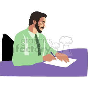 A Man Sitting at a Desk Writing Notes