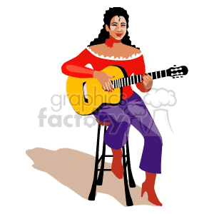A Woman Wearing a Red Shirt Sitting on a Stool Playing an Acoustic Guitar