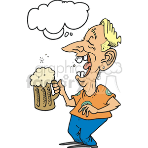 The image is a colorful cartoon-style clipart that shows a character who appears to be inebriated, holding a large mug of beer. The beer mug is frothing over, and the character has a large grin, squinted eyes with stars spinning around his head, indicating dizziness or intoxication. Above the character's head, there is an empty thought bubble, which signifies that the character is deep in thought or possibly having trouble forming a thought, possibly due to the influence of alcohol.